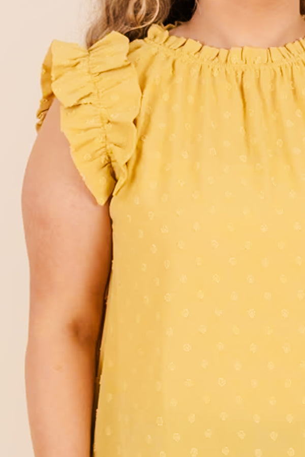 Chic Soul plus size clothing, gold mustard top with short flutter sleeves and polka dots