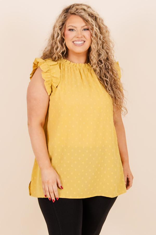 Chic Soul plus size clothing, gold mustard top with short flutter sleeves and polka dots