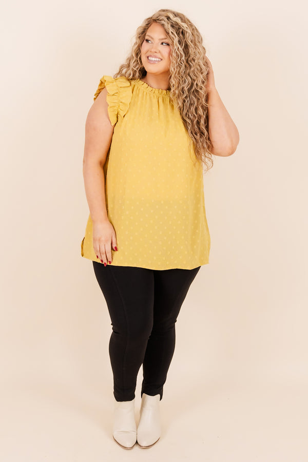 Chic Soul plus size clothing, gold mustard top with short flutter sleeves and polka dots