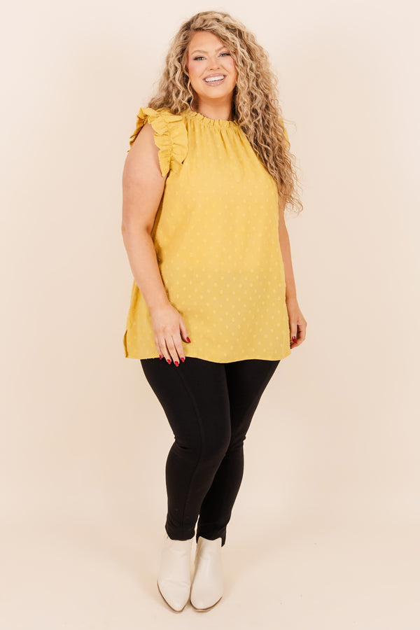 Chic Soul plus size clothing, gold mustard top with short flutter sleeves and polka dots