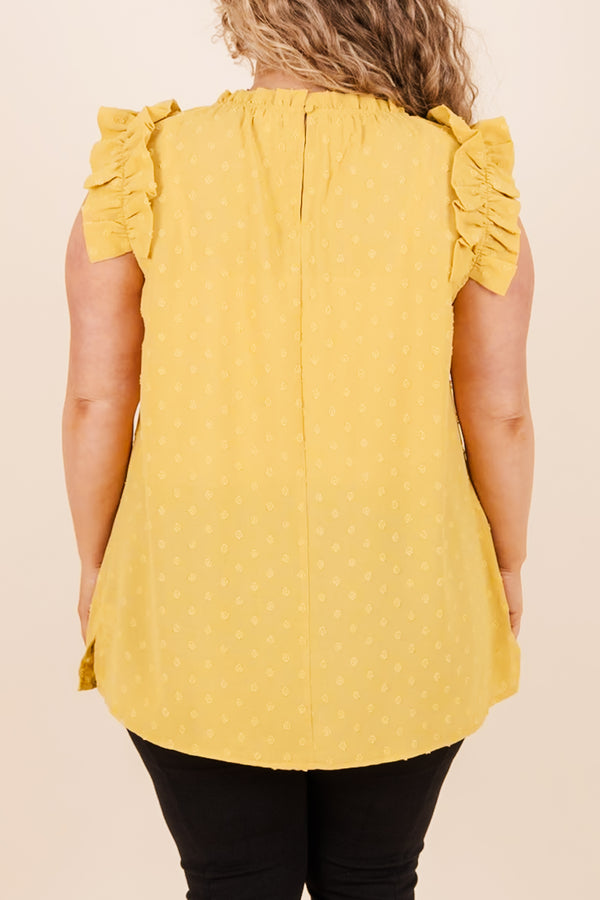 Chic Soul plus size clothing, gold mustard top with short flutter sleeves and polka dots