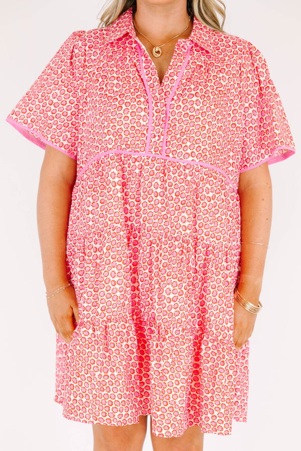 Chic Soul plus size clothing, pink short sleeve mini dress with v button up neckline with circle print
