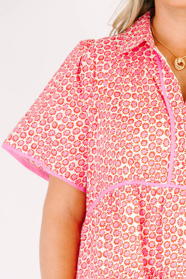 Chic Soul plus size clothing, pink short sleeve mini dress with v button up neckline with circle print