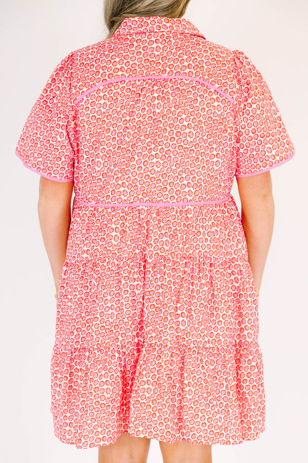 Chic Soul plus size clothing, pink short sleeve mini dress with v button up neckline with circle print