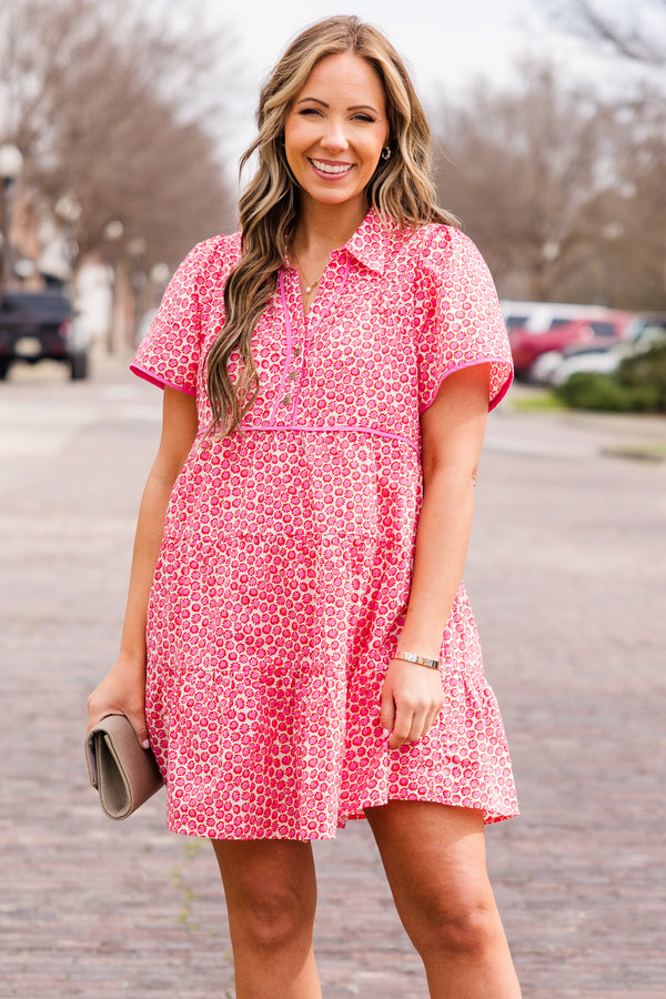 Chic Soul plus size clothing, pink short sleeve mini dress with v button up neckline with circle print
