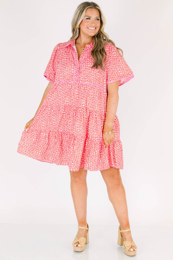 Chic Soul plus size clothing, pink short sleeve mini dress with v button up neckline with circle print