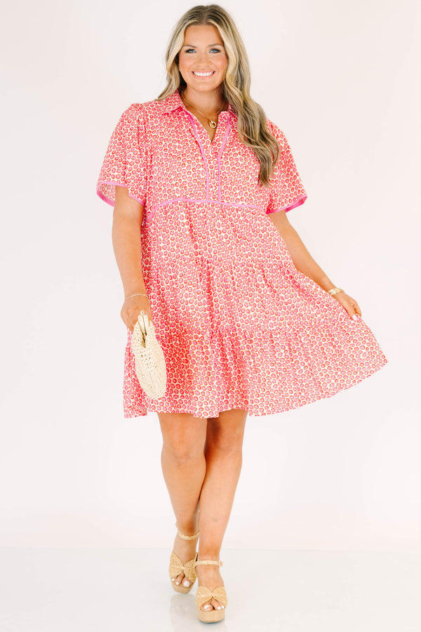 Chic Soul plus size clothing, pink short sleeve mini dress with v button up neckline with circle print