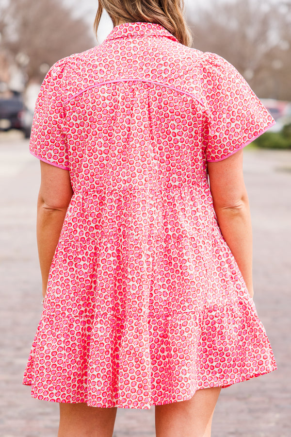 Chic Soul plus size clothing, pink short sleeve mini dress with v button up neckline with circle print