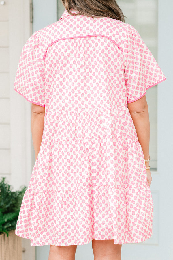 Chic soul plus size clothing, white and pink short sleeve babydoll dress with a floral print and slight v-neck 