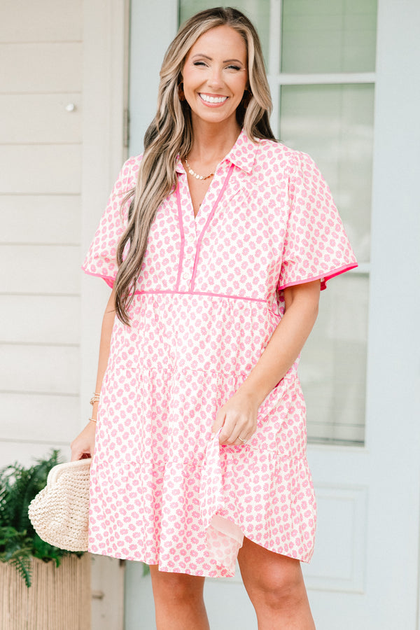 Chic soul plus size clothing, white and pink short sleeve babydoll dress with a floral print and slight v-neck 