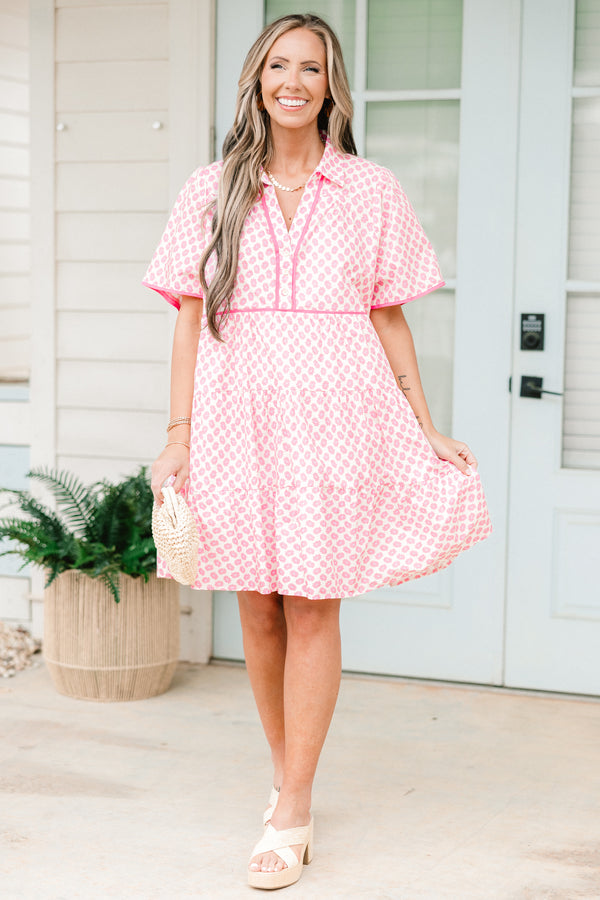 Chic soul plus size clothing, white and pink short sleeve babydoll dress with a floral print and slight v-neck 