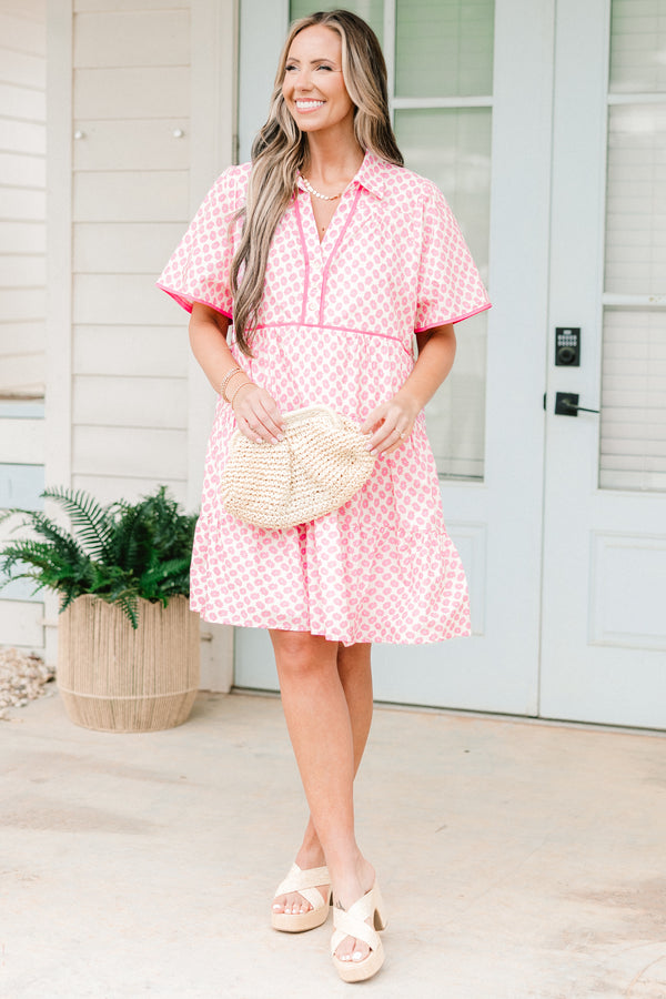 Chic soul plus size clothing, white and pink short sleeve babydoll dress with a floral print and slight v-neck 