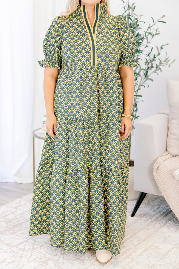 Chic Soul plus size clothing, green floral maxi dress with block print and smocked collar