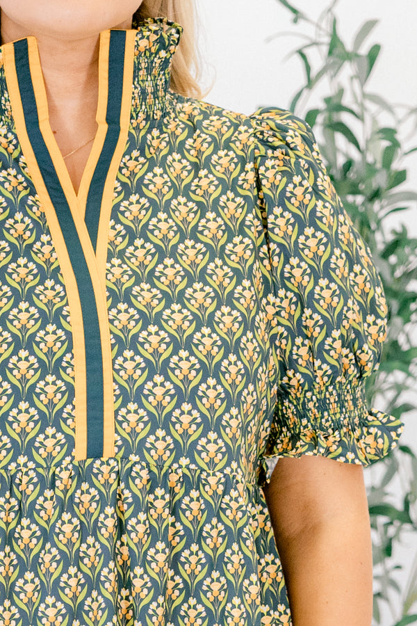 Chic Soul plus size clothing, green floral maxi dress with block print and smocked collar