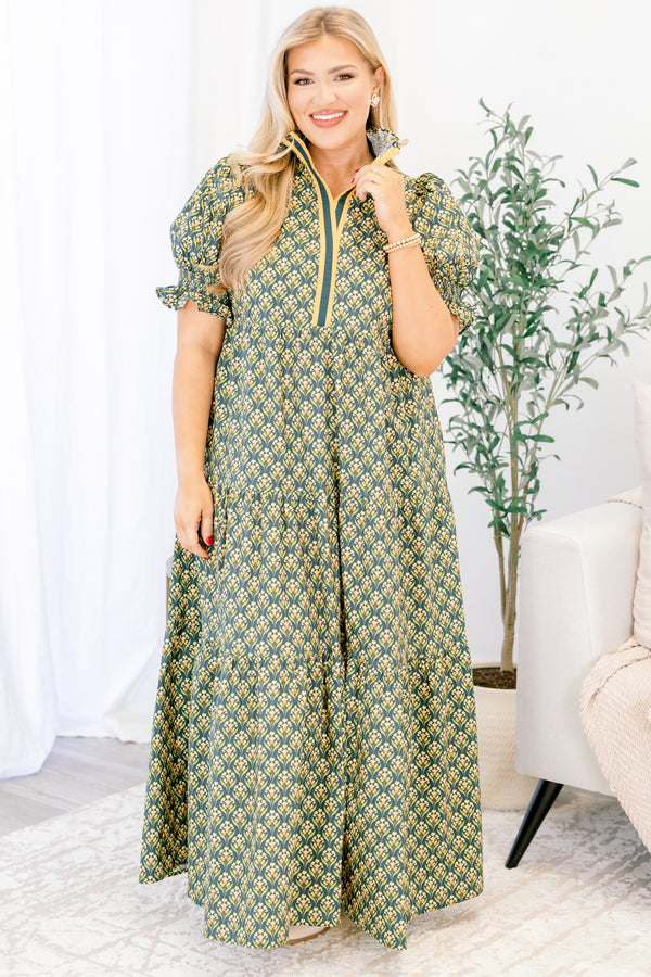 Chic Soul plus size clothing, green floral maxi dress with block print and smocked collar