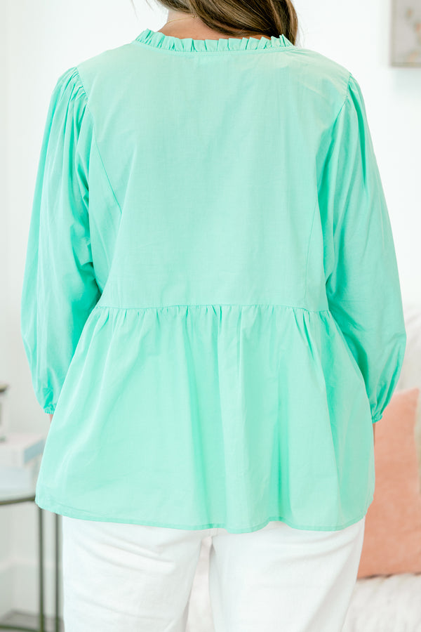 Chic Soul plus size clothing, sage babydoll top with elastic balloon sleeves