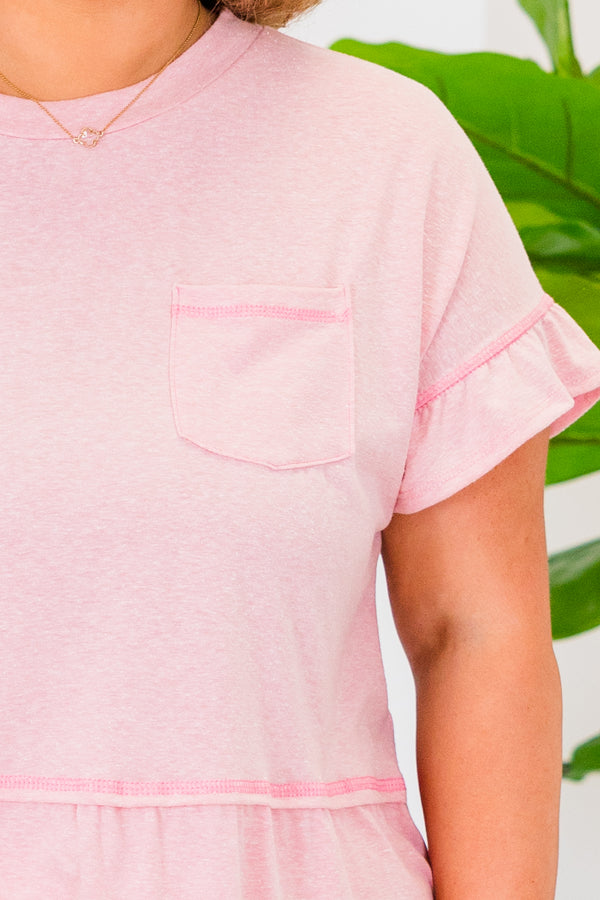 Chic Soul plus size clothing, blush short sleeve top with ruffle along sleeves with chest pocket