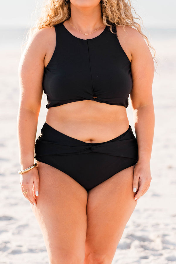 Chic Soul plus size clothing, black high waisted swim bottoms with twist detail in front