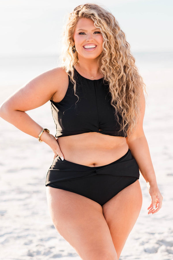 Chic Soul plus size clothing, black halter swim bikini top with twist detail on bottom