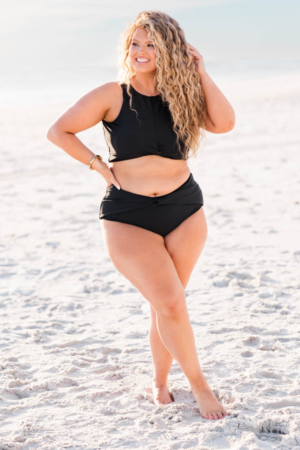 Chic Soul plus size clothing, black halter swim bikini top with twist detail on bottom