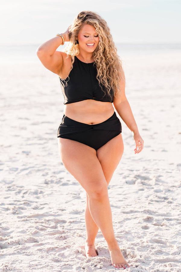 Chic Soul plus size clothing, black high waisted swim bottoms with twist detail in front