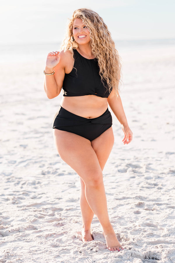 Chic Soul plus size clothing, black halter swim bikini top with twist detail on bottom