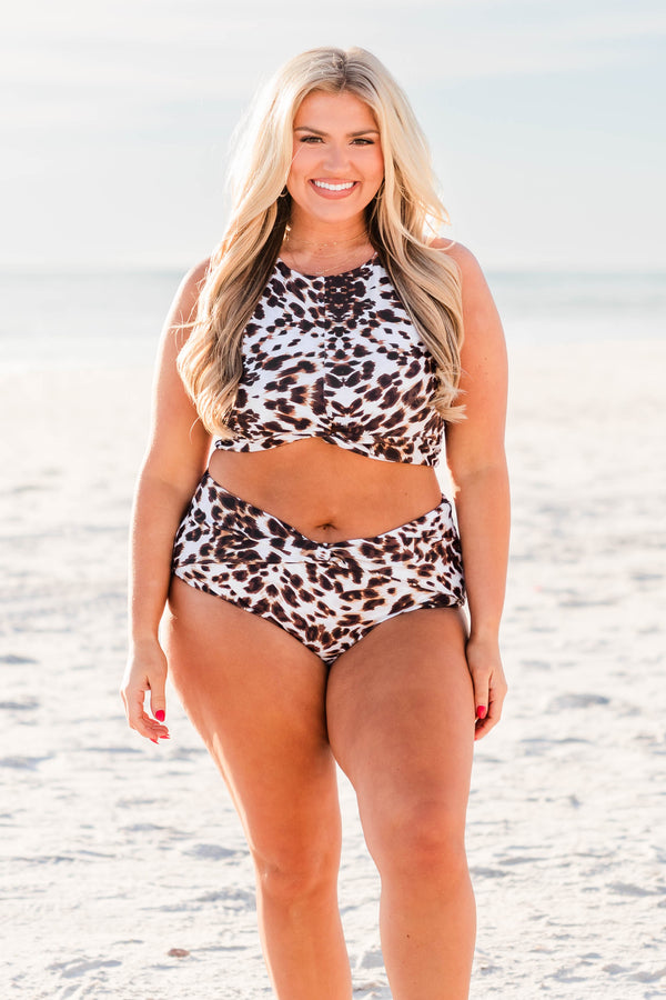 Chic Soul plus size clothing, leopard halter swim bikini top with twist detail on bottom