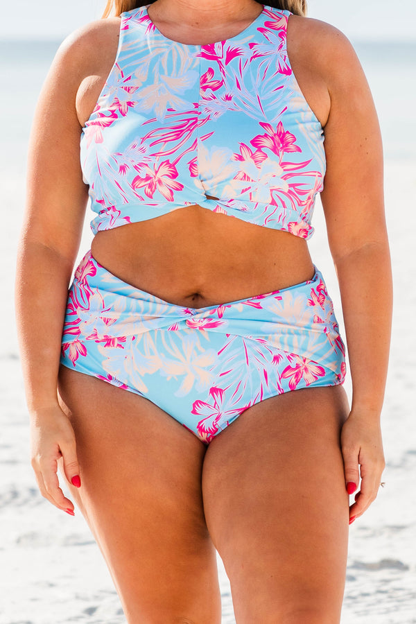 Chic Soul plus size clothing, light blue swimsuit bottoms with pink and yellow tropical floral pattern