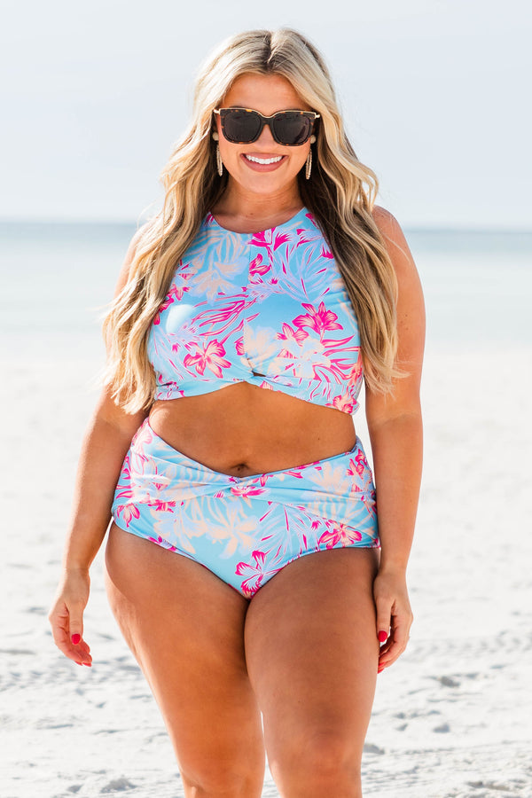 Chic Soul plus size clothing, light blue swimsuit high neck bikini top with pink and yellow tropical floral pattern