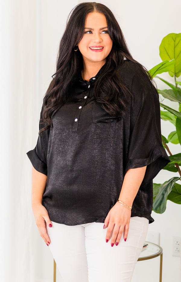 Chic Soul plus size clothing, half sleeve collared black top with white button details