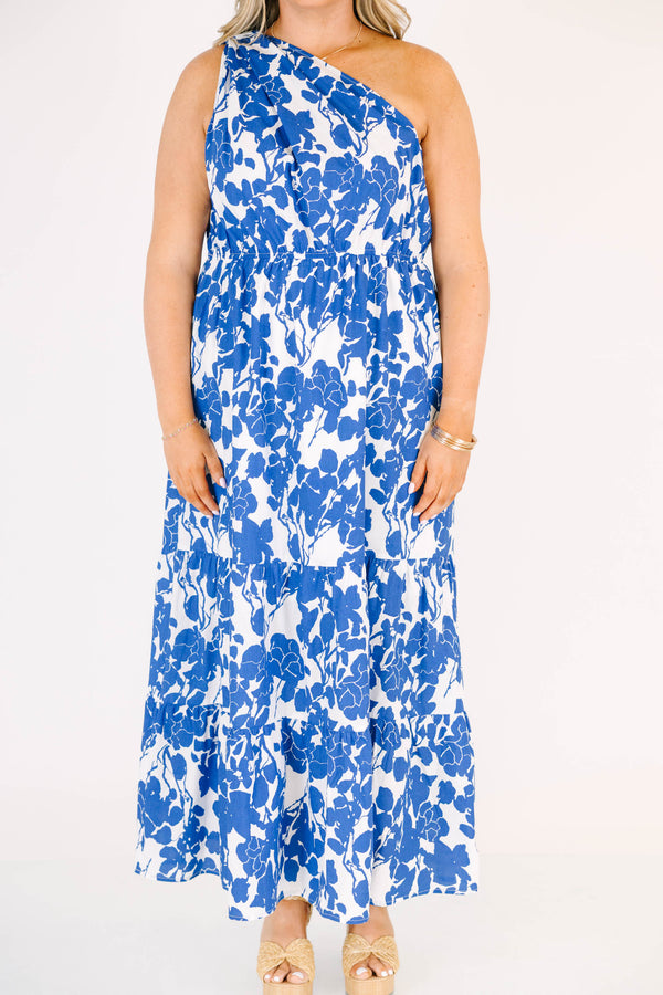 Chic Soul plus size clothing, sleeveless one-shoulder blue and white floral maxi dress