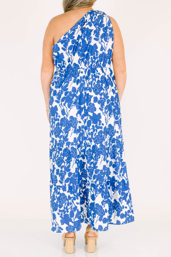Chic Soul plus size clothing, sleeveless one-shoulder blue and white floral maxi dress