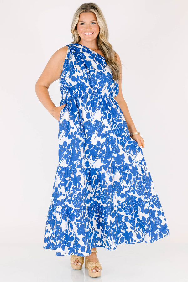 Chic Soul plus size clothing, sleeveless one-shoulder blue and white floral maxi dress