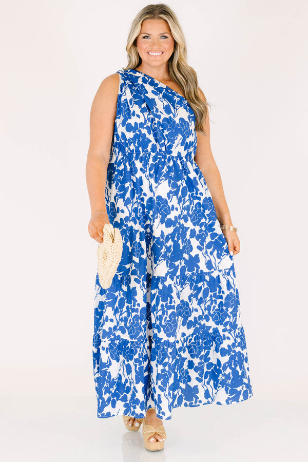 Chic Soul plus size clothing, sleeveless one-shoulder blue and white floral maxi dress