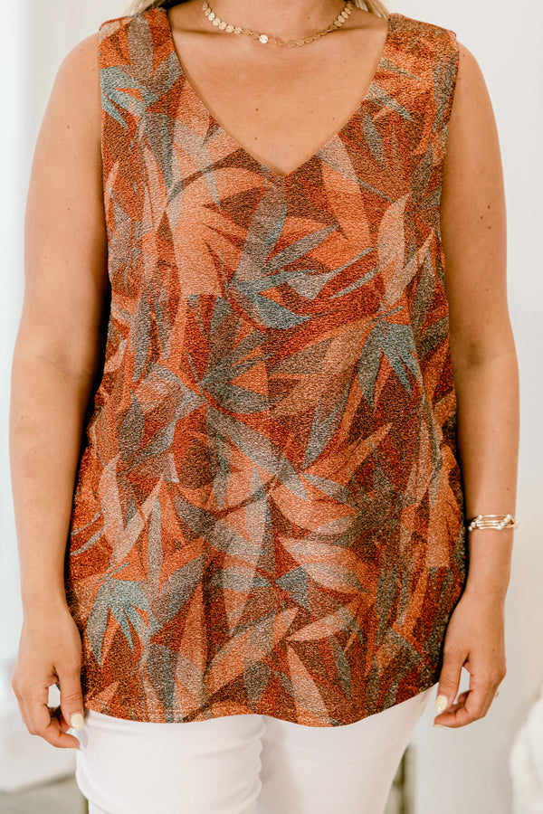 Chic Soul plus size clothing, mocha brown tank top with rust orange and light blue leaf pattern