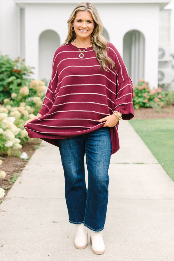 Plus Size burgundy and white horizontal striped knit sweater tunic with a relaxed fit