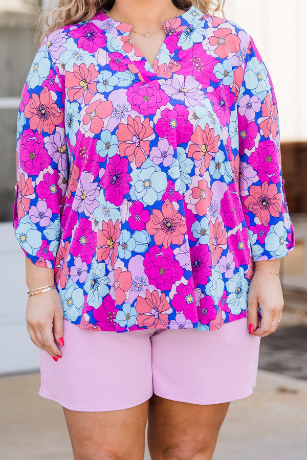 Chic Soul plus size clothing, multi floral print three quarter length sleeve top with v neckline