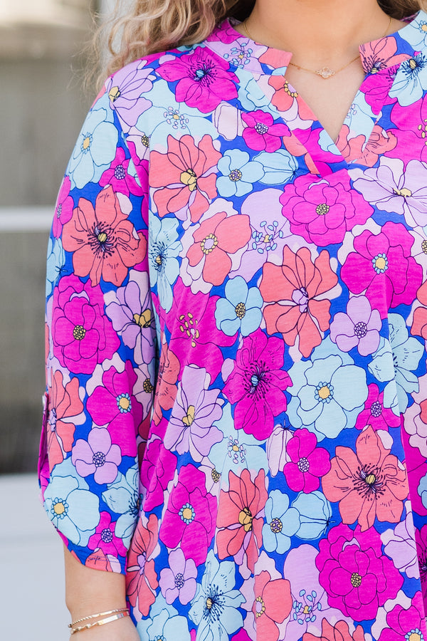 Chic Soul plus size clothing, multi floral print three quarter length sleeve top with v neckline