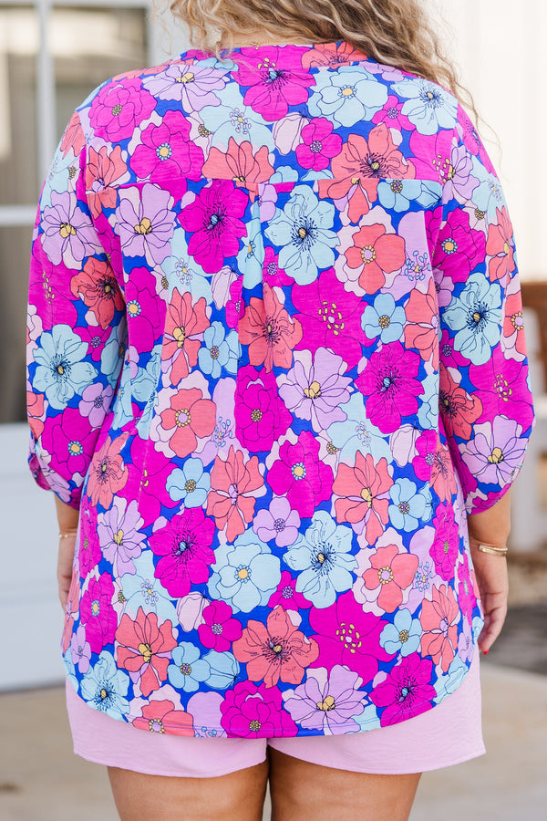 Chic Soul plus size clothing, multi floral print three quarter length sleeve top with v neckline