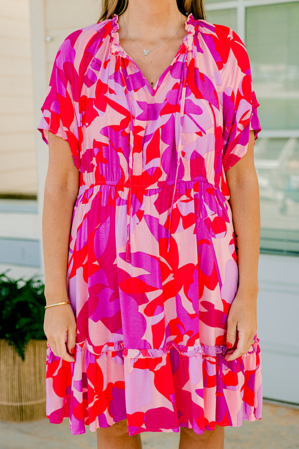 Chic Soul plus size clothing, pink and red short sleeve v-neck dress with abstract leafy pattern and cinched waist