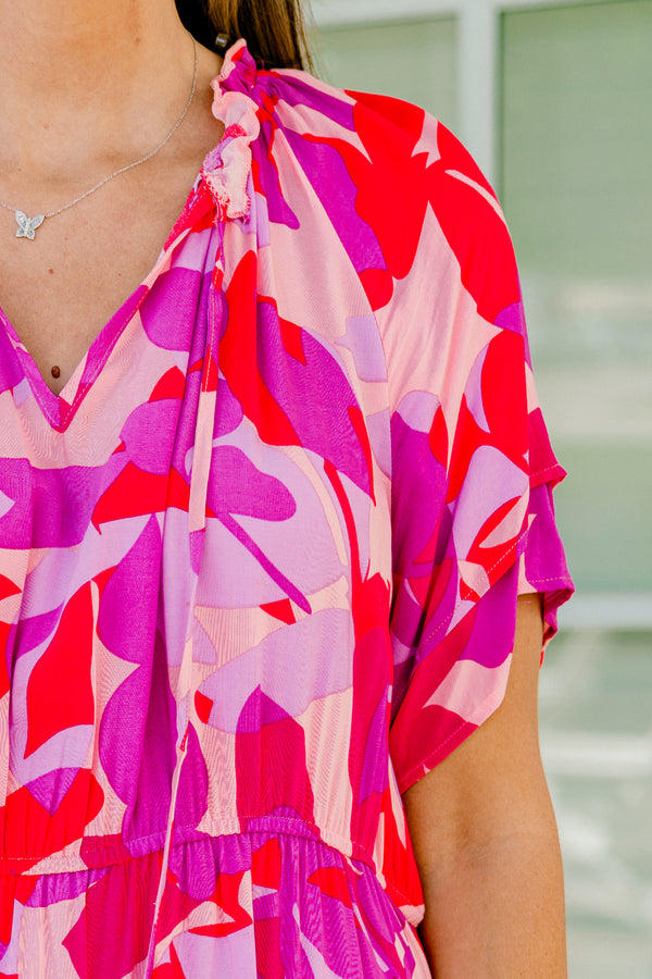 Chic Soul plus size clothing, pink and red short sleeve v-neck dress with abstract leafy pattern and cinched waist