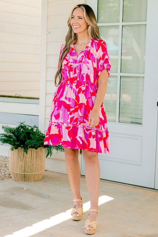 Chic Soul plus size clothing, pink and red short sleeve v-neck dress with abstract leafy pattern and cinched waist