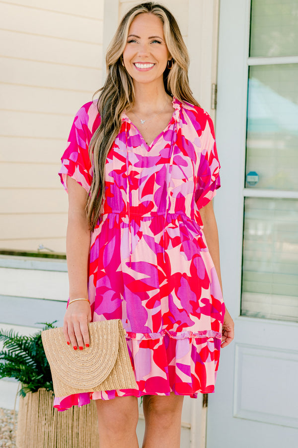 Chic Soul plus size clothing, pink and red short sleeve v-neck dress with abstract leafy pattern and cinched waist