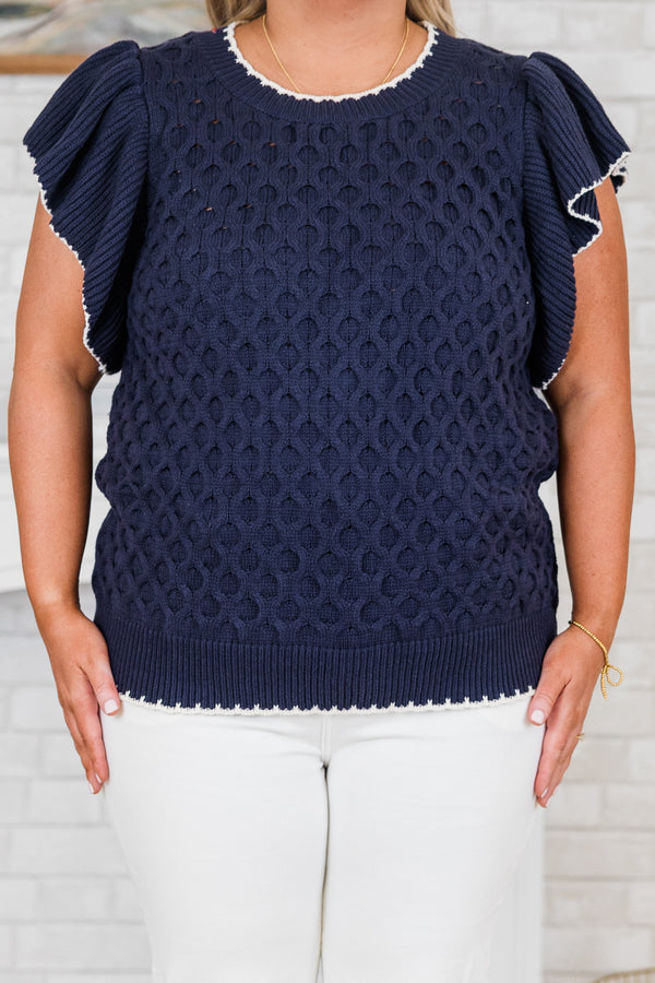 Chic Soul plus size clothing, short-flutter-sleeve navy blue cable knit sweater with white lining along the neckline and sleeve