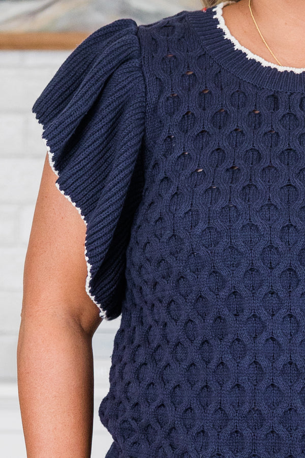 Chic Soul plus size clothing, short-flutter-sleeve navy blue cable knit sweater with white lining along the neckline and sleeve