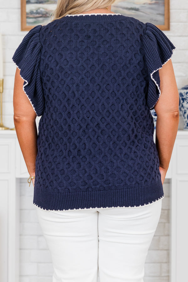 Chic Soul plus size clothing, short-flutter-sleeve navy blue cable knit sweater with white lining along the neckline and sleeve