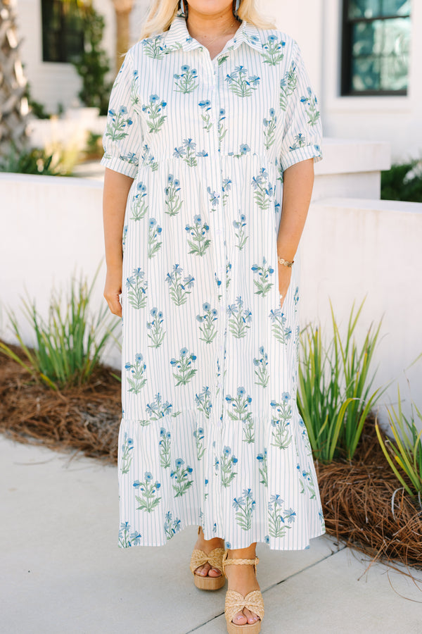 Chic Soul plus size clothing,  light blue maxi dress with cuff sleeves as well as a mixed pattern that has stripes and a floral block pattern throughout 