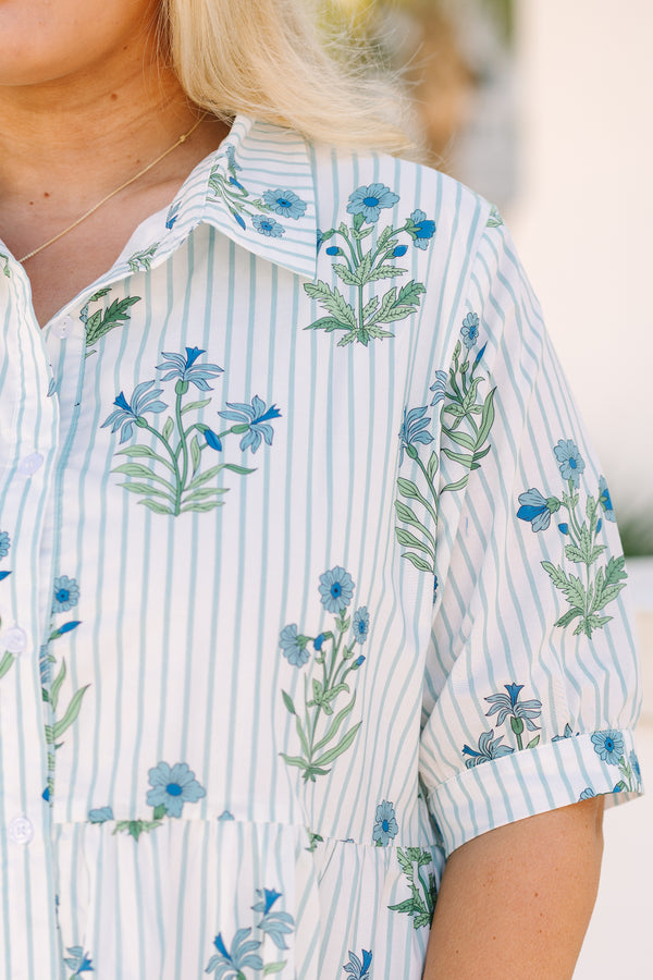 Chic Soul plus size clothing,  light blue maxi dress with cuff sleeves as well as a mixed pattern that has stripes and a floral block pattern throughout 