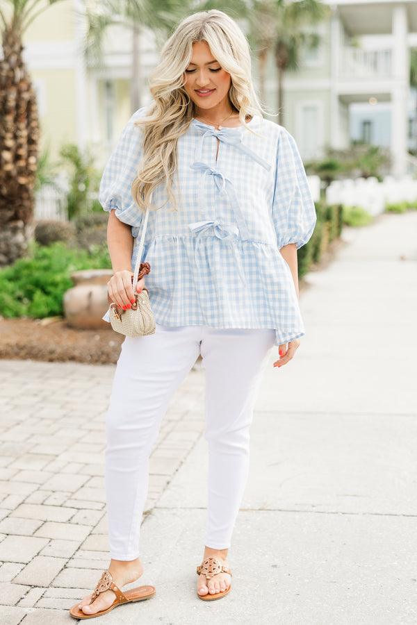 Chic Soul plus size clothing, short-puffed-sleeve blue and white gingham patterned baby doll top with a high-neckline and three bow ties tying the front of the top
