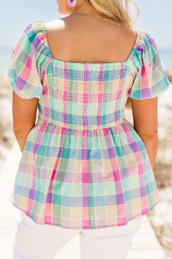 Chic Soul plus size clothing, blue multi color short sleeve babydoll top with large bow